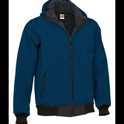 Casaco azul com fecho de correr e capuz, forro cinza peludo, punhos pretos em malha