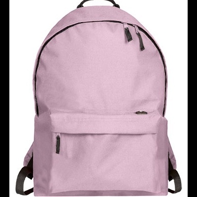 Mochila rosa com fechos pretos e bolso frontal