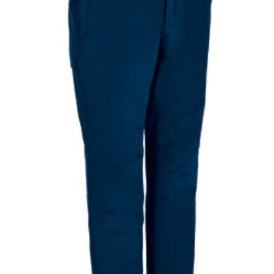 Calças azuis escuras com bolsos laterais, botão frontal, fundo branco