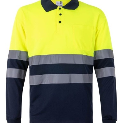Polo de manga comprida amarelo fluorescente com azul escuro e faixas refletoras.