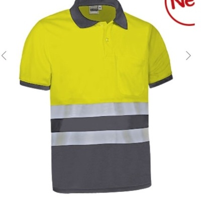 Camisola polo alta visibilidade amarela com faixas refletoras e detalhes cinza