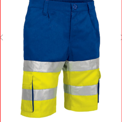 Calções de trabalho bicolores azul e amarelo com faixas refletoras cinzentas