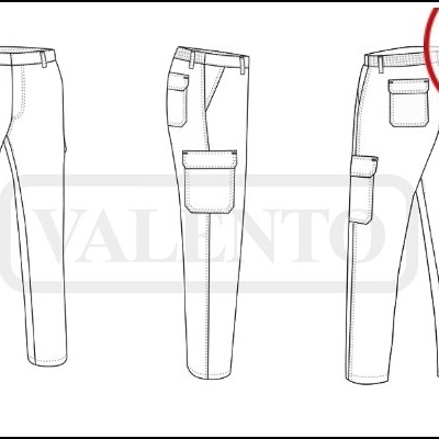 Desenho técnico de calças com vários bolsos e marca VALENTO