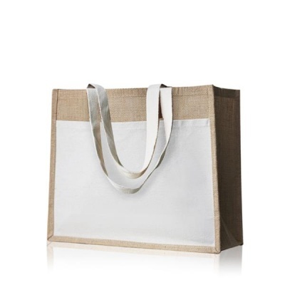 Saco reutilizável branco e bege com alças brancas em fundo branco