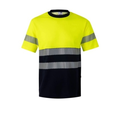 T-shirt de manga curta amarelo fluorescente e preto com faixas reflexivas cinzentas