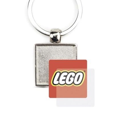 Porta-chaves quadrado de metal com argola e cartão com logo LEGO