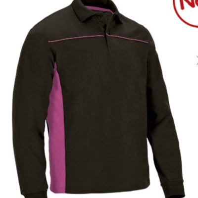 Polo manga comprida preto com detalhes rosa e gola