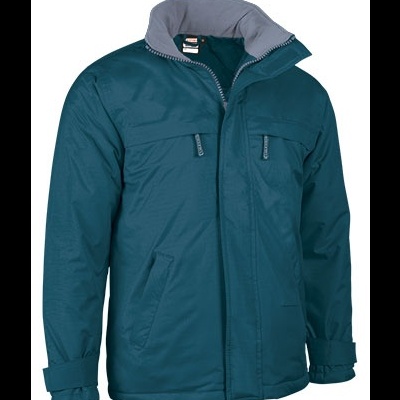 Casaco masculino azul-escuro com gola alta cinza e bolsos com zíper