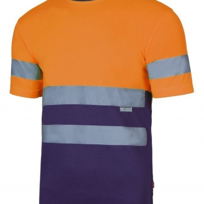 T-shirt alta visibilidade laranja e roxa com faixas reflectoras cinzentas e etiqueta REMPLARES