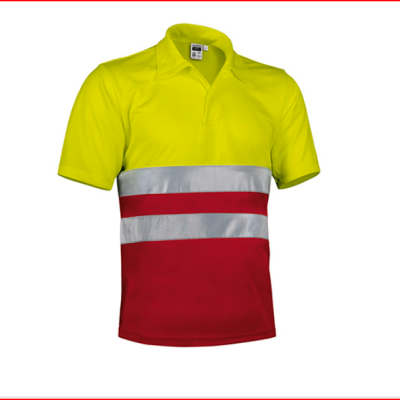 Polo amarelo e vermelho com faixas refletoras cinzentas