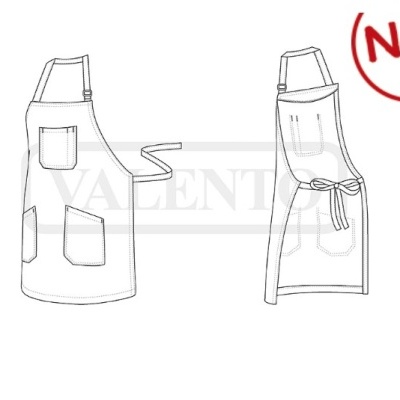 Desenho técnico de dois aventais brancos com bolsos e laço