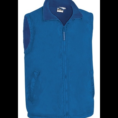Colete azul de tecido polar com fecho de correr e dois bolsos