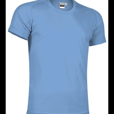 T-shirt azul claro de homem, manga curta e gola redonda.