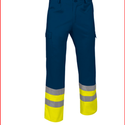 Calças de trabalho azul escuro com punhos amarelos e faixas refletoras