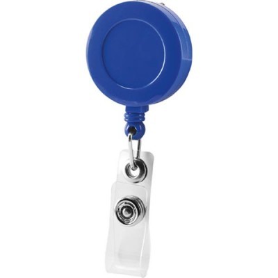 Retractor para crachá azul com presilha transparente e botão metálico