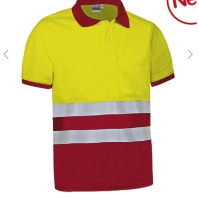 Polo de trabalho amarelo e vermelho com faixas refletoras brancas