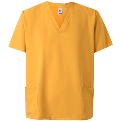Túnica médica masculina amarelo mostarda com decote em V e bolsos frontais