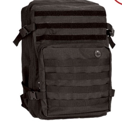 Mochila preta tática com bolsos e faixas para fixação