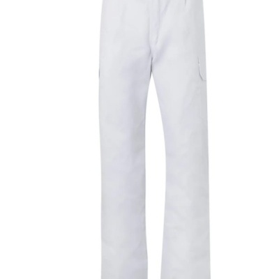 Calças brancas compridas com bolso lateral e fecho frontal