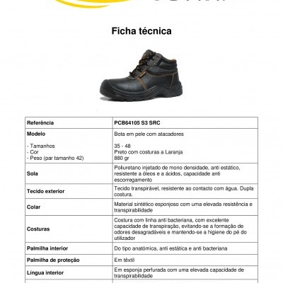 Ficha técnica bota de trabalho preta Prince Town com descrição técnica e tabela