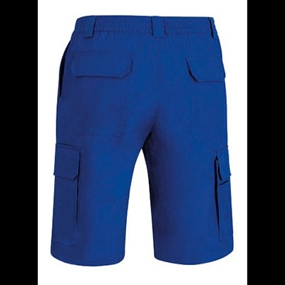 Calções azuis com bolsos e cintura elástica vista de trás