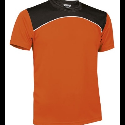T-shirt desportiva laranja e preta com linha branca curva