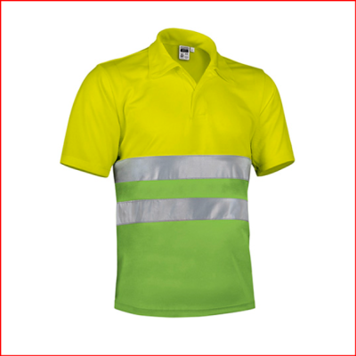 Camisola polo alta visibilidade amarela e verde com faixas reflexivas