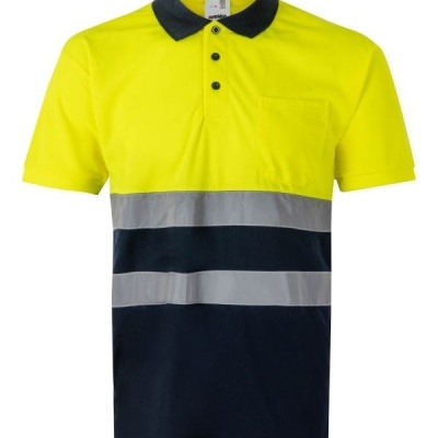 Polo de alta visibilidade amarelo com faixas refletoras cinzentas e azul escuro