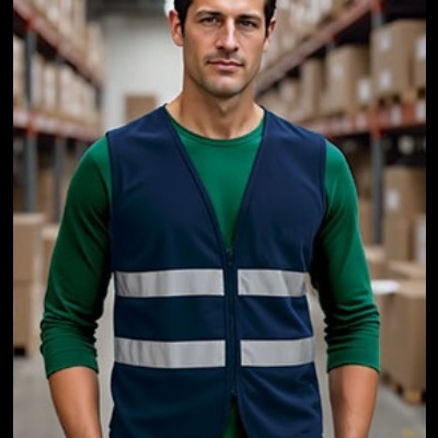 Homem com colete refletor azul escuro em armazém com caixas