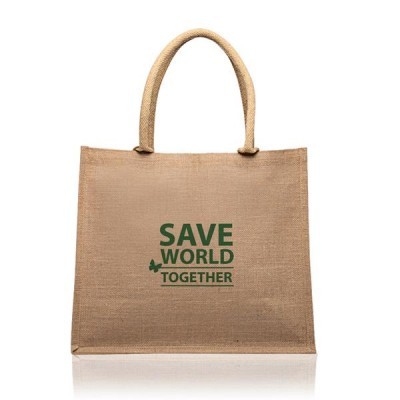 Mala de juta com asa curta e texto verde