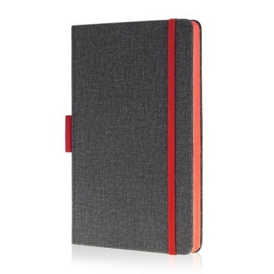 Caderno rígido cinza com elástico vermelho e interior coral