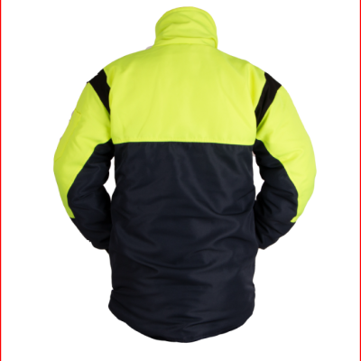 Casaco amarelo fluorescente e preto visto de costas