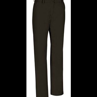 Calças femininas pretas com fecho de botão e cinto no cós