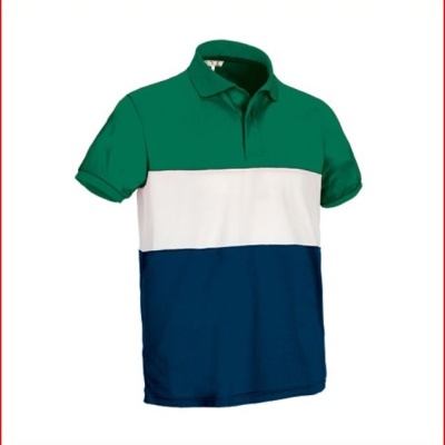 Polo de manga curta verde, branco e azul escuro com colarinho