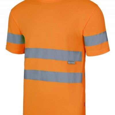 T-shirt laranja de manga curta com faixas refletoras cinzentas