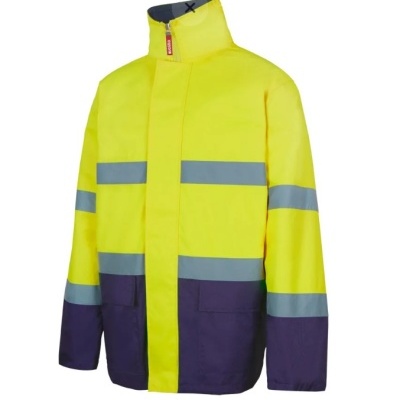 Casaco amarelo e azul escuro com faixas refletoras cinzentas