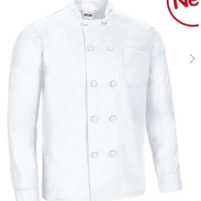 Casaco de cozinheiro branco com botões duplos e bolso no peito