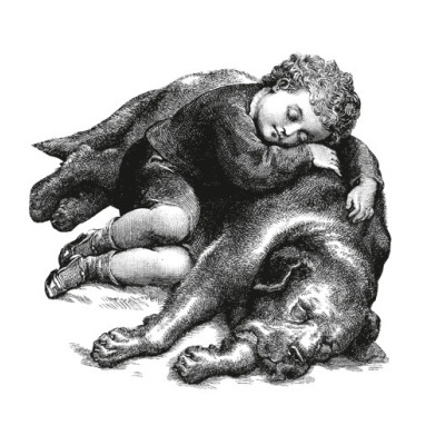 Desenho a preto e branco de criança a dormir junto a um cão grande.