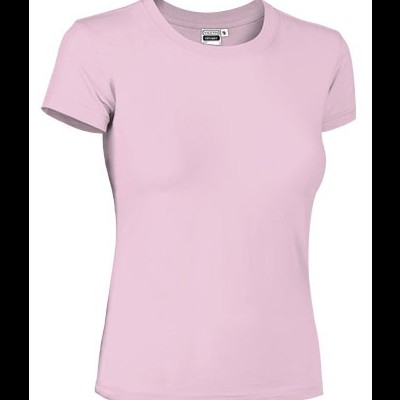 T-shirt feminina rosa claro de manga curta com gola redonda