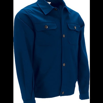 Casaco azul escuro com botões e bolsos frontais em fundo branco