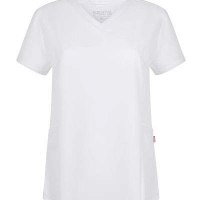 T-shirt médica branca com bolsos e decote em V