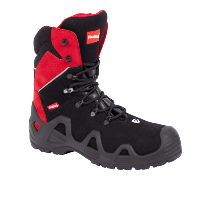 Bota de trabalho preta com detalhes vermelhos e sola preta