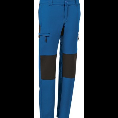 calças compridas azuis com reforços pretos e bolsos laterais