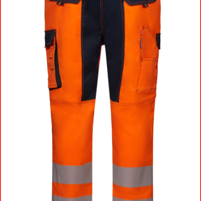 Calças de trabalho laranja e azul com faixas refletoras e bolsos