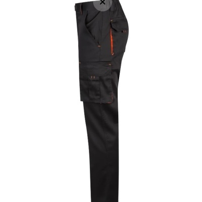 Calças de trabalho pretas com bolsos e fechos laranja