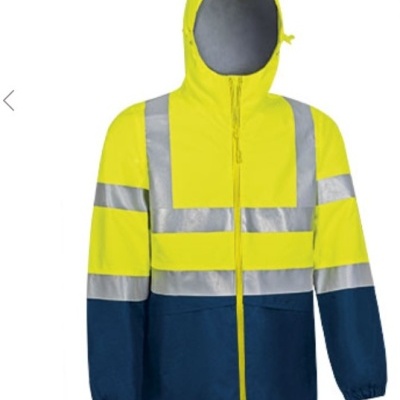 Casaco de segurança amarelo fluorescente com faixas refletoras e azul escuro