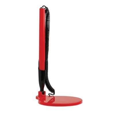 Suporte de mesa vermelho e preto com caneta presa por cabo espiral