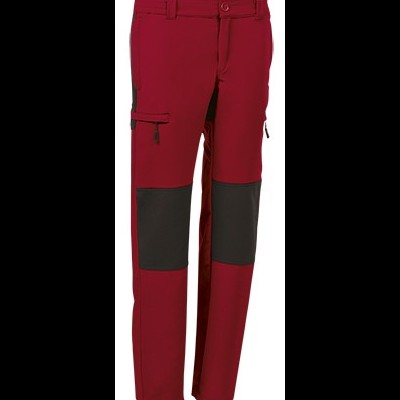 Calças vermelhas com reforços pretos e bolso lateral