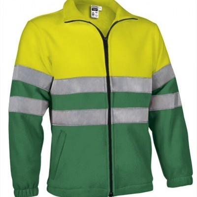 Casaco de alta visibilidade amarelo e verde com faixas refletoras cinzentas