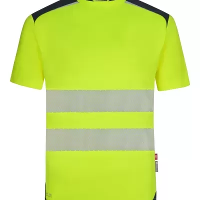 T-shirt amarela fluorescente com faixas refletoras e detalhes pretos